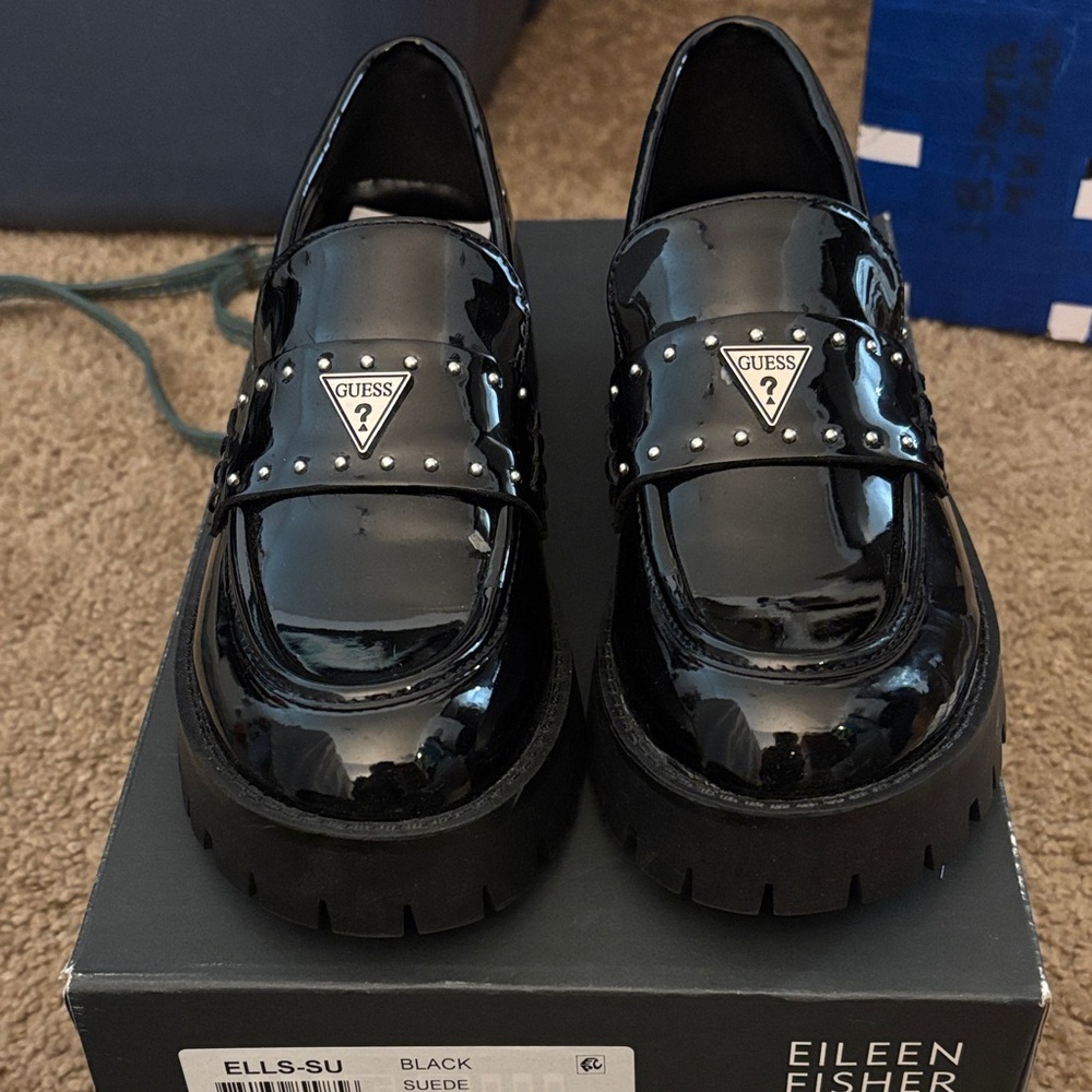 Guess Shiny Black Loafers with Stud Accents